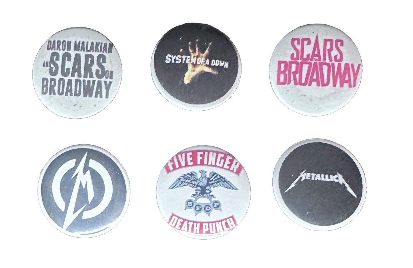 6 Pack 1.25" Pin Back Buttons - Metallica, System of a down, Scars on Broadway, Five Finger Death Punch