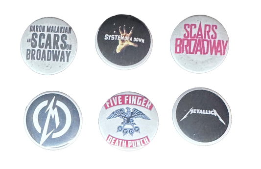 6 Pack 1.25" Pin Back Buttons - Metallica, System of a down, Scars on Broadway, Five Finger Death Punch