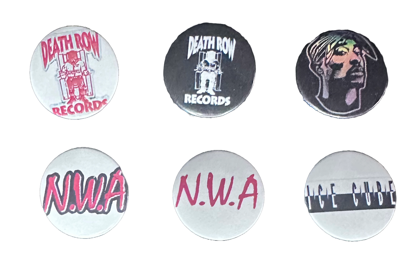 6 Pack 1.25" Pin Back Buttons - NWA, Tupac, Ice Cube, Death Row Records