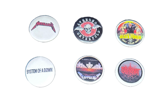 6 Pack 1.25" Pin Back Buttons - Metallica, Avenged Sevenfold, Five Finger Death Punch, System of a Down, Slipknot
