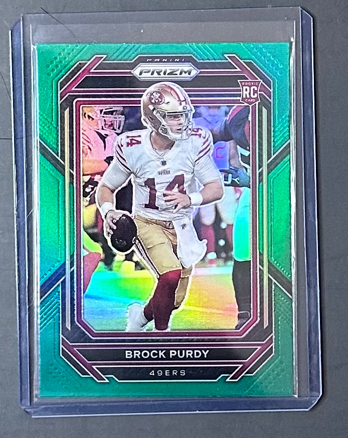 NM+ RAW - 2022 Panini Prizm Green Prizm Brock Purdy rookie trading card (#353).