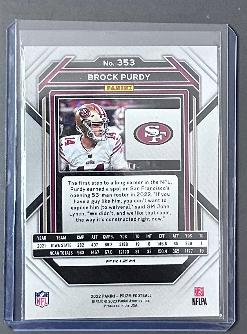 NM+ RAW - 2022 Panini Prizm Green Prizm Brock Purdy rookie trading card (#353).