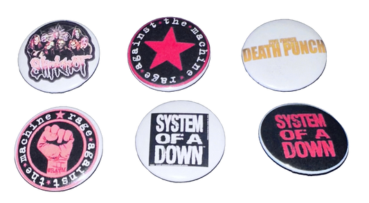 6-Pack 1.25” Pin-Back Buttons – System of a Down (2), Slipknot (1), Five Finger Death Punch(1), Rage Against The Machine (2)