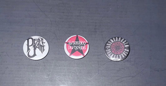3 Pack 1.25" Pin Back Buttons - Sound Garden, Smashing Pumpkins, Pearl Jam